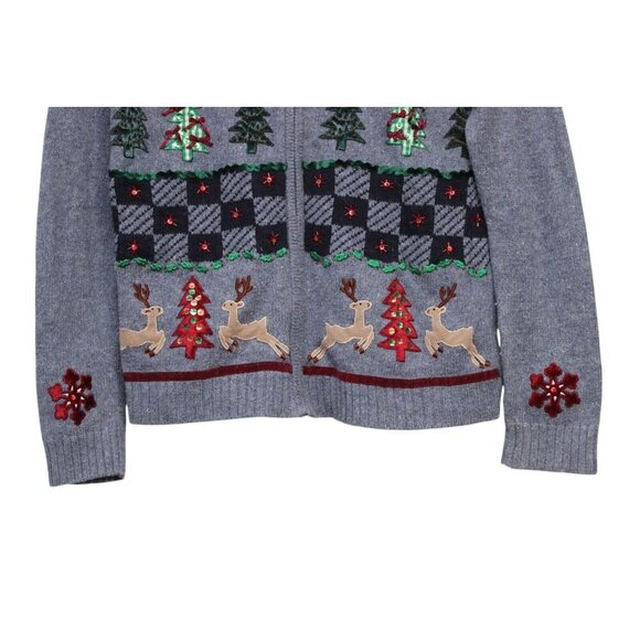 Vintage 90s Holiday Christmas Sweater Small Ramie Wool Zip Embroidered Beaded - Picture 3 of 14